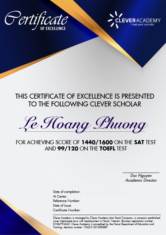 Học viên Lê Hoàng Phương đạt 1440 SAT và 99 TOEFL tại Clever Academy