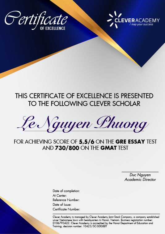 Học viên Lê Nguyên Phương đạt GRE essay 5.5 và GMAT 730 tại Clever Academy