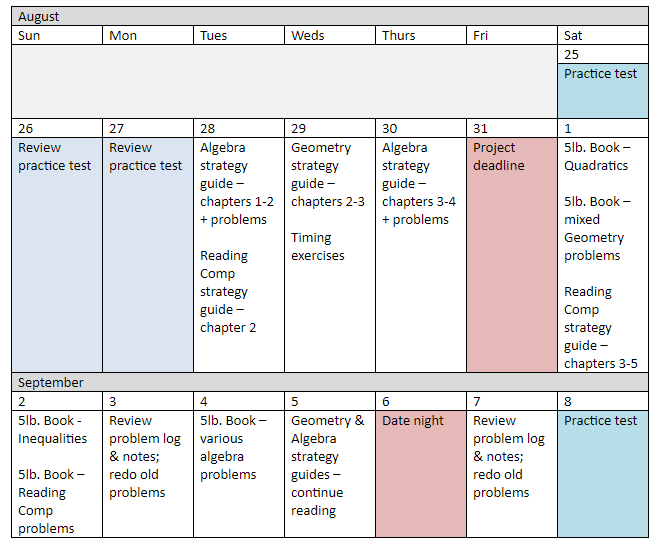 GRE Study Calendar