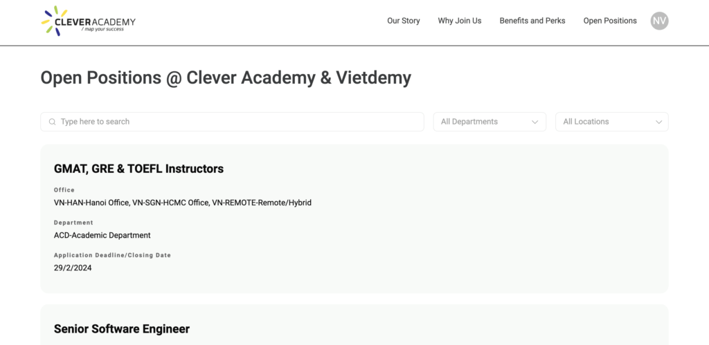 Job board với các vị trí tuyển dụng tại Clever Academy, Vietdemy, Clever Junior