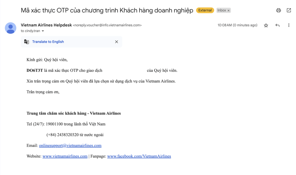 Hệ thống gửi email OTP về email Công ty, sử dụng OTP này để nhập vào trang xác thực của VNA