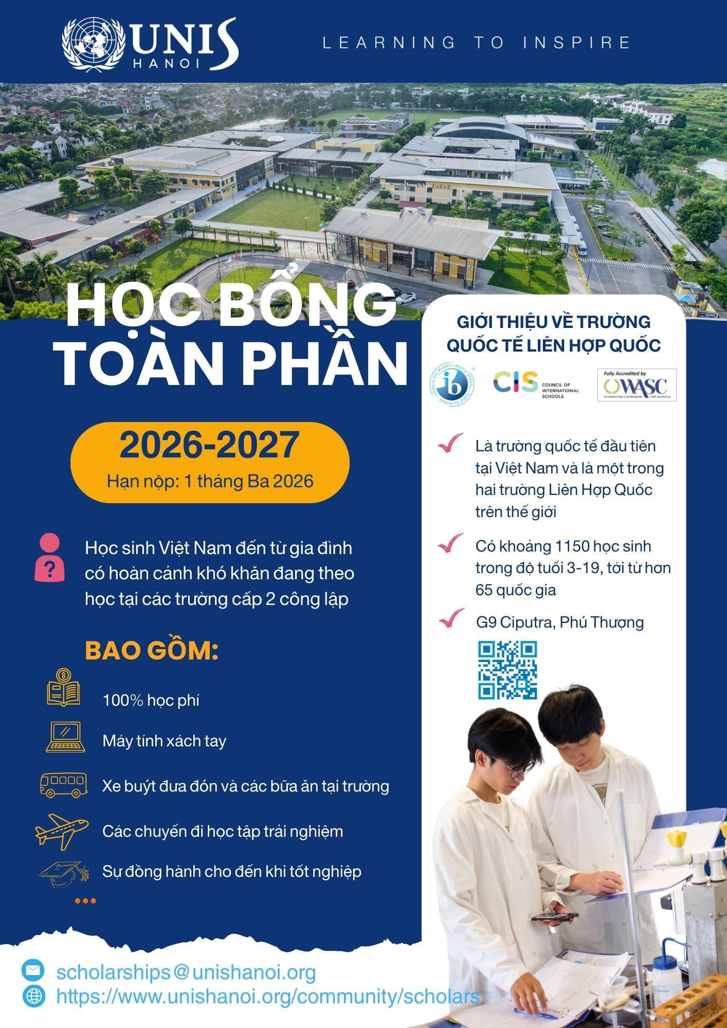 Học bổng UNIS Hanoi 2026–2027: Toàn phần 100% cho học sinh Việt Nam lớp 6–9 (Hạn nộp 01/03/2026)